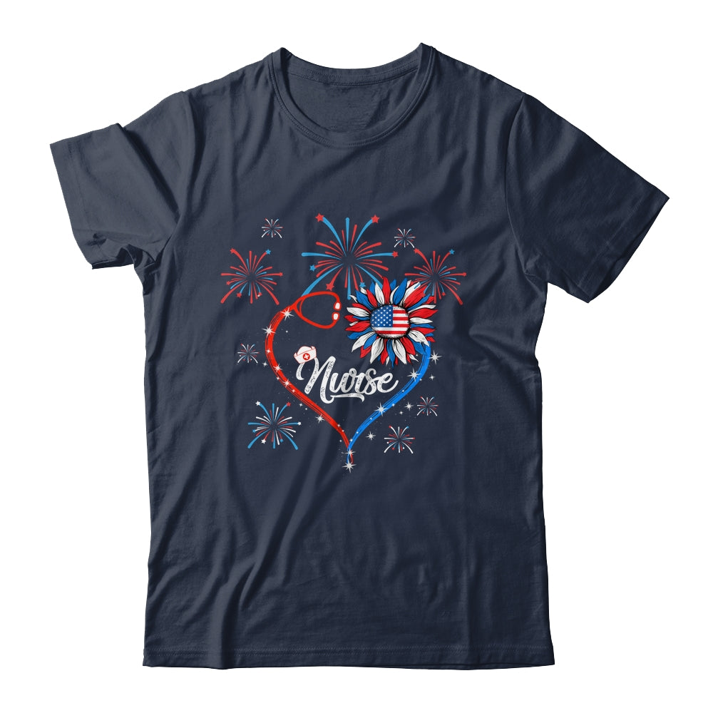 Patriotic Nurse 4th Of July American Flag Sunflower Heart Shirt & Tank Top | siriusteestore