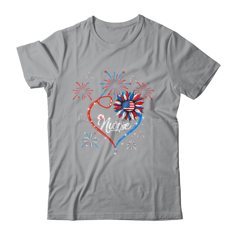 Patriotic Nurse 4th Of July American Flag Sunflower Heart Shirt & Tank Top | siriusteestore