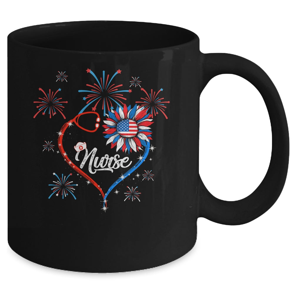 Patriotic Nurse 4th Of July American Flag Sunflower Heart Mug | siriusteestore