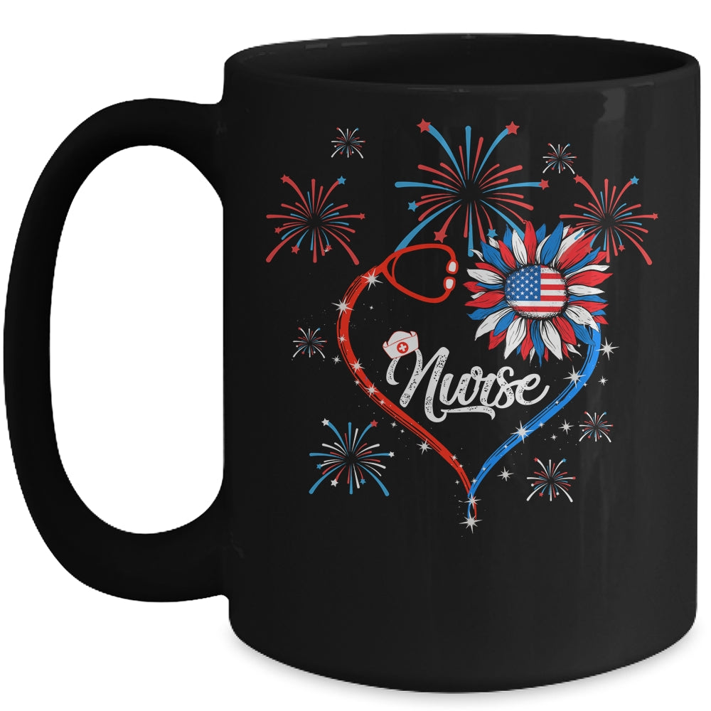 Patriotic Nurse 4th Of July American Flag Sunflower Heart Mug | siriusteestore