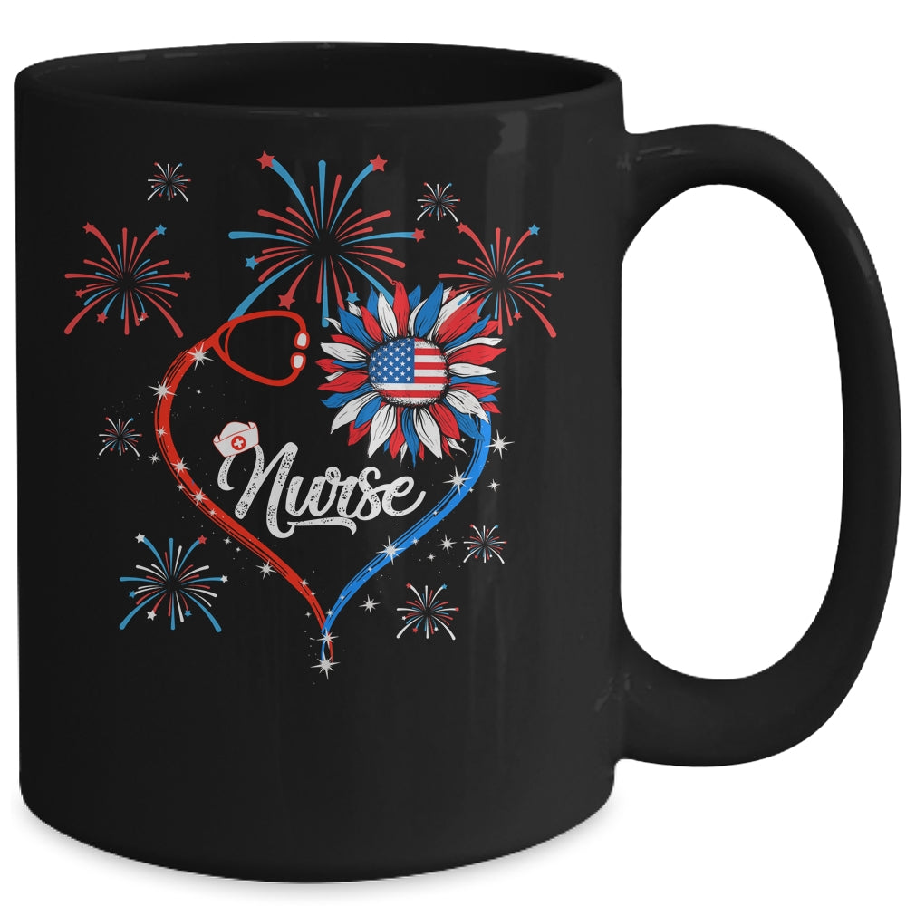 Patriotic Nurse 4th Of July American Flag Sunflower Heart Mug | siriusteestore