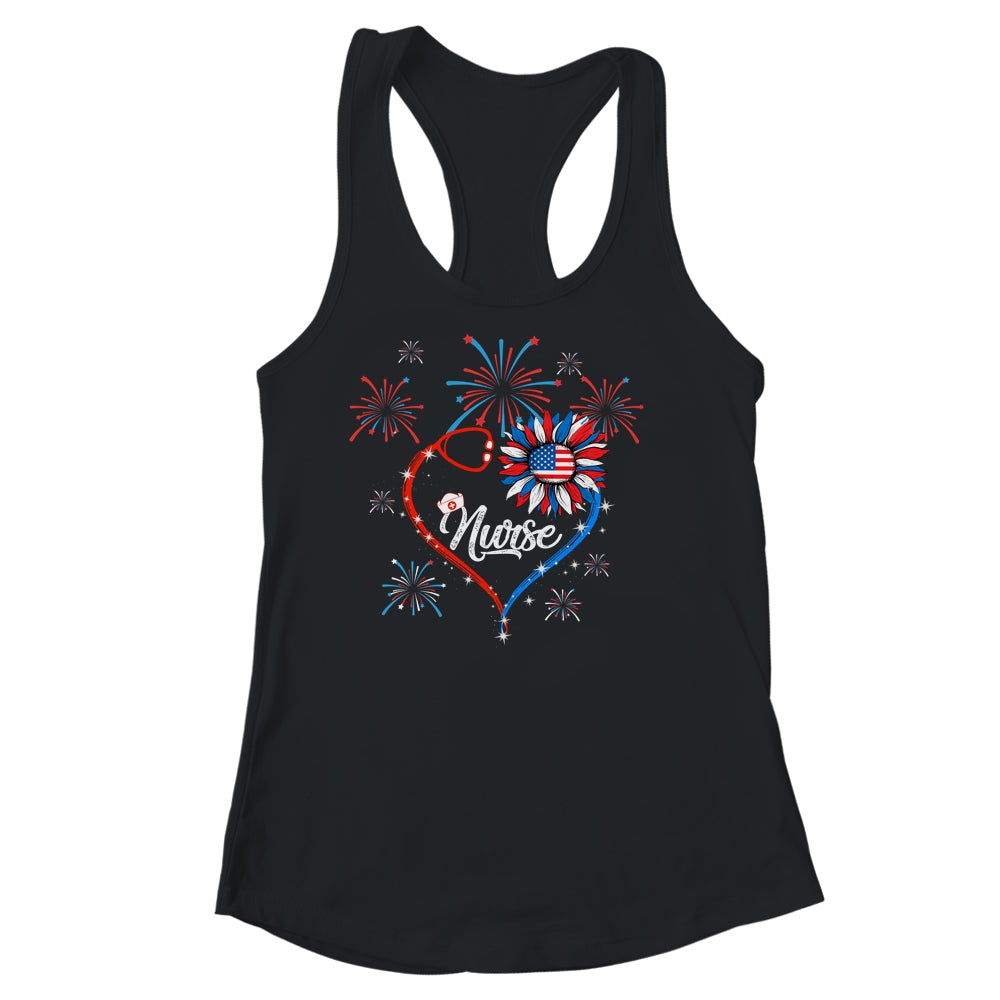 Patriotic Nurse 4th Of July American Flag Sunflower Heart Shirt & Tank Top | siriusteestore
