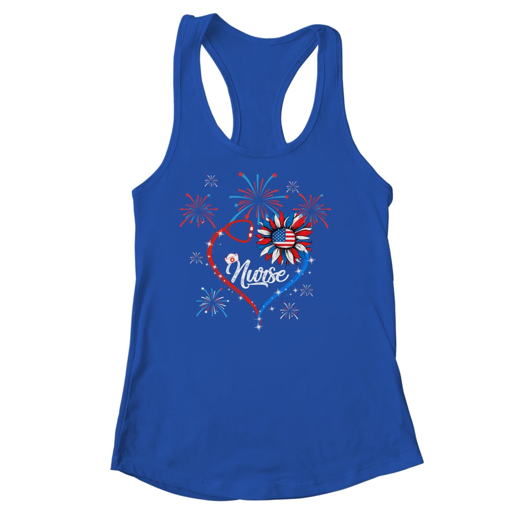 Patriotic Nurse 4th Of July American Flag Sunflower Heart Shirt & Tank Top | siriusteestore