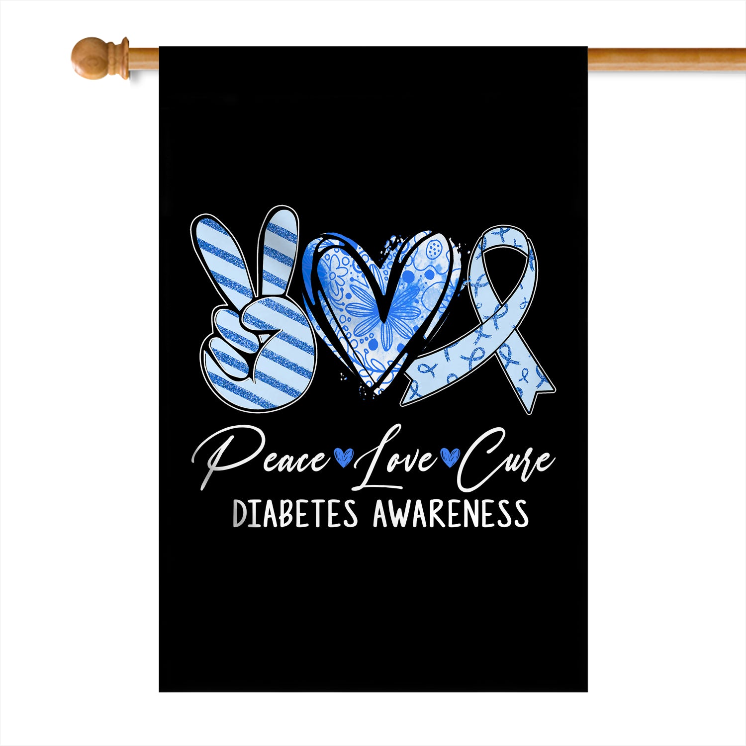 Peace Love Cure Blue Ribbon Diabetes Awareness Flag | siriusteestore