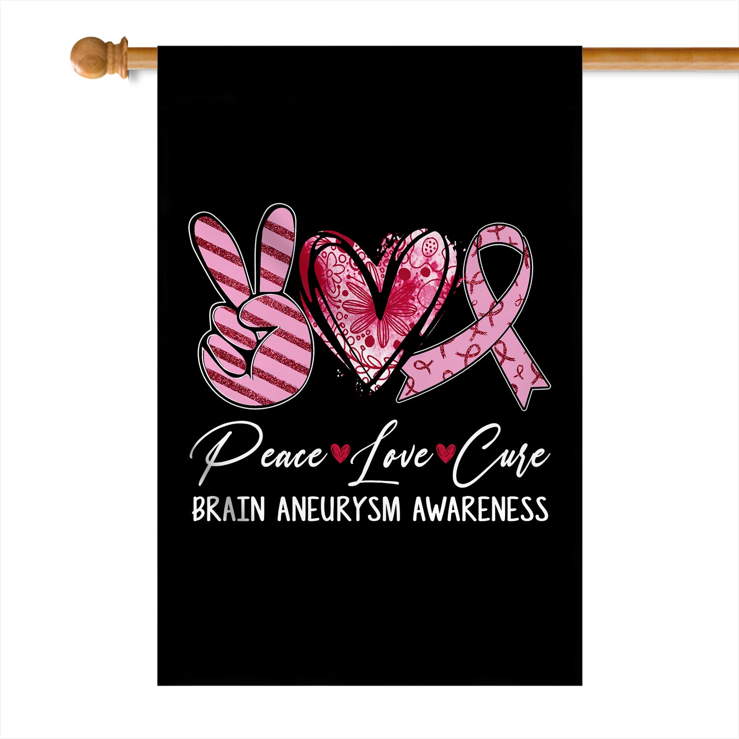 Peace Love Cure Burgundy Ribbon Brain Aneurysm Awareness Flag | siriusteestore