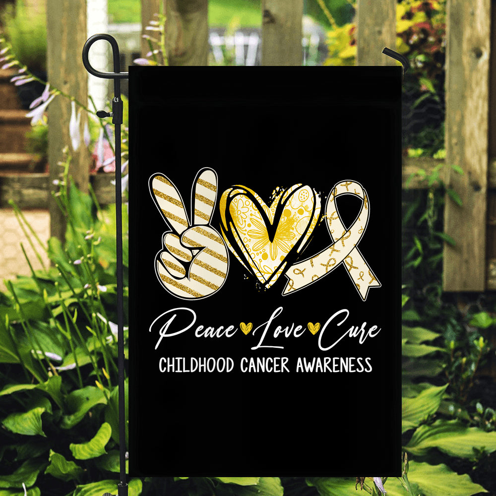 Peace Love Cure Gold Ribbon Childhood Cancer Awareness Flag | siriusteestore