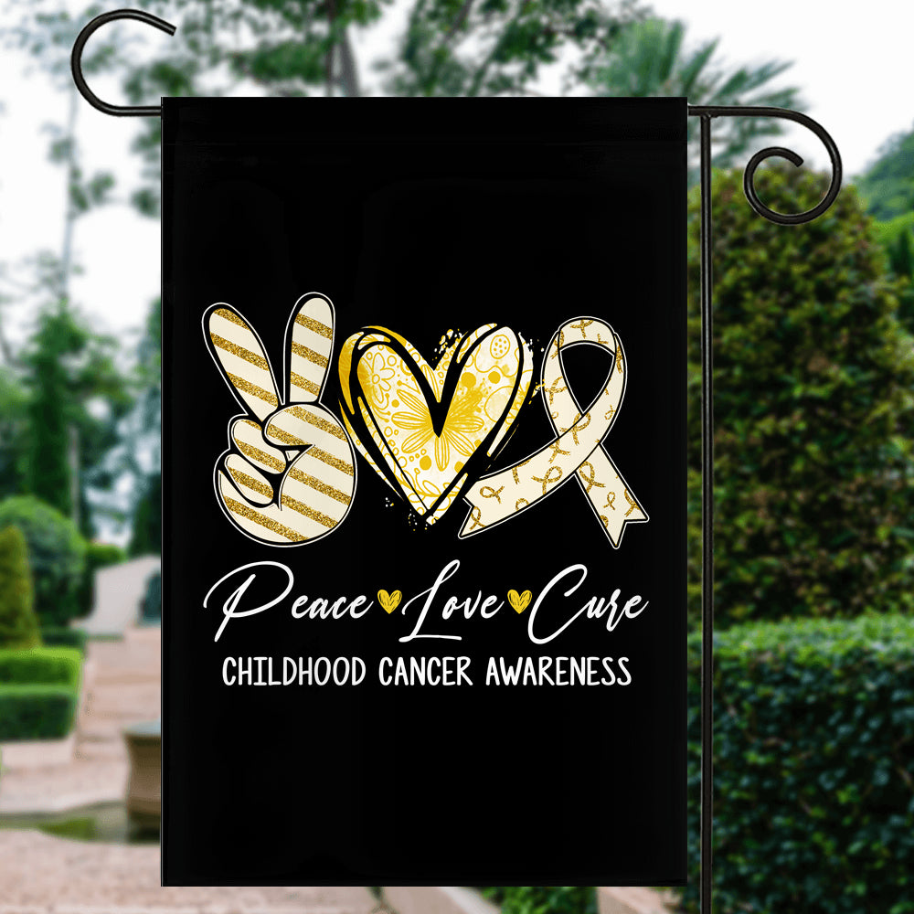 Peace Love Cure Gold Ribbon Childhood Cancer Awareness Flag | siriusteestore