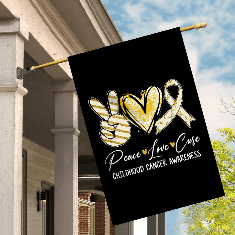 Peace Love Cure Gold Ribbon Childhood Cancer Awareness Flag | siriusteestore