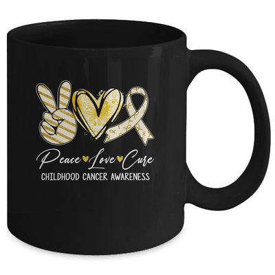 Peace Love Cure Gold Ribbon Childhood Cancer Awareness Mug | siriusteestore