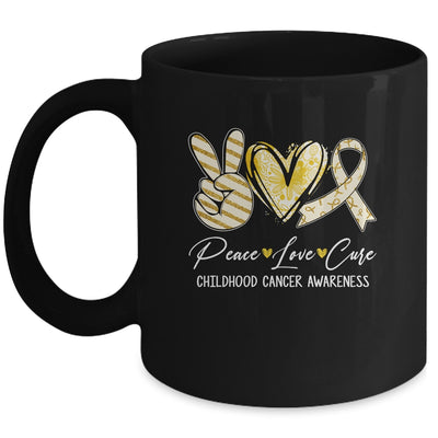 Peace Love Cure Gold Ribbon Childhood Cancer Awareness Mug | siriusteestore