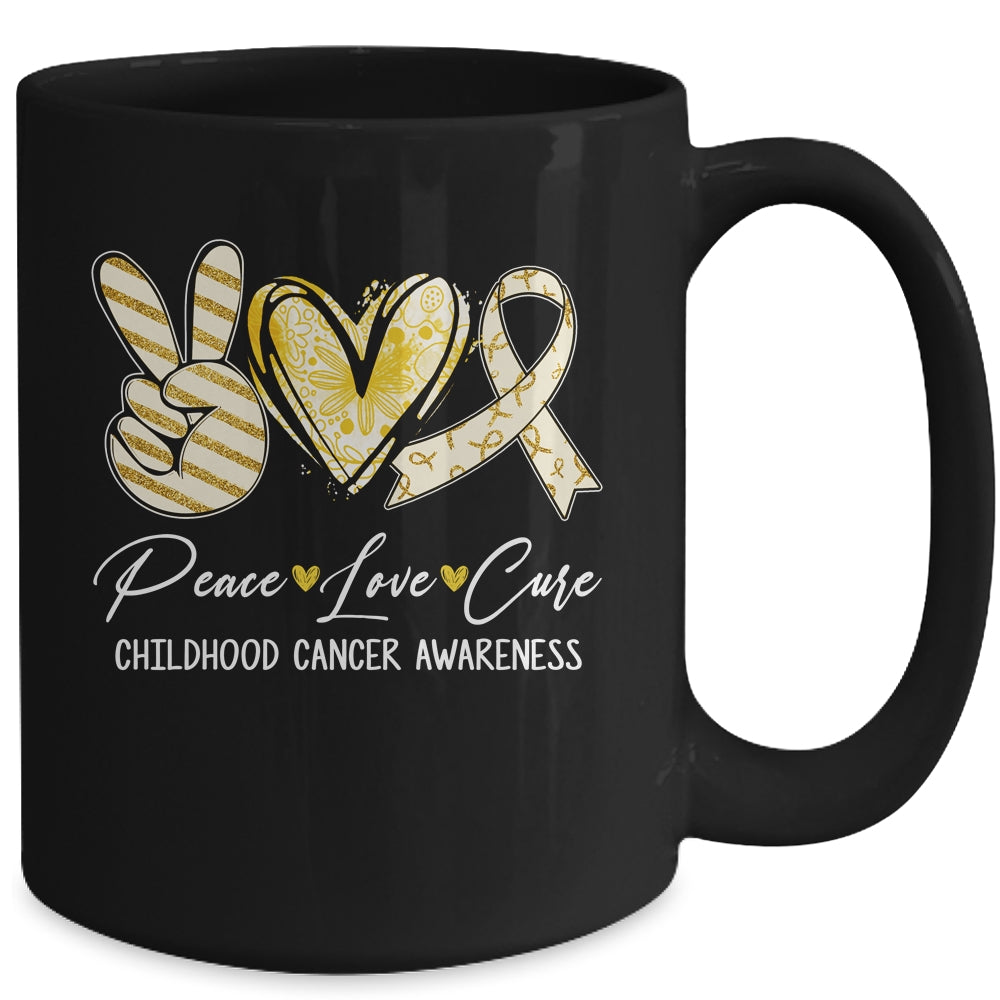 Peace Love Cure Gold Ribbon Childhood Cancer Awareness Mug | siriusteestore
