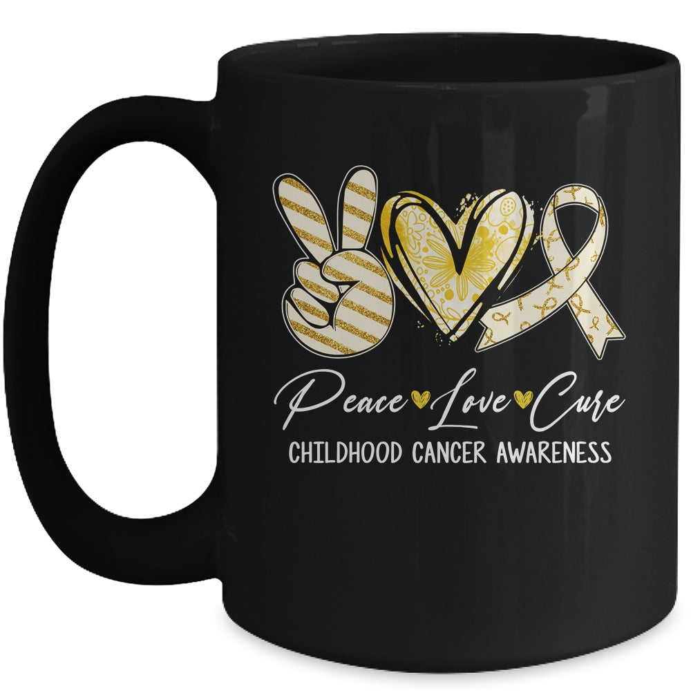 Peace Love Cure Gold Ribbon Childhood Cancer Awareness Mug | siriusteestore