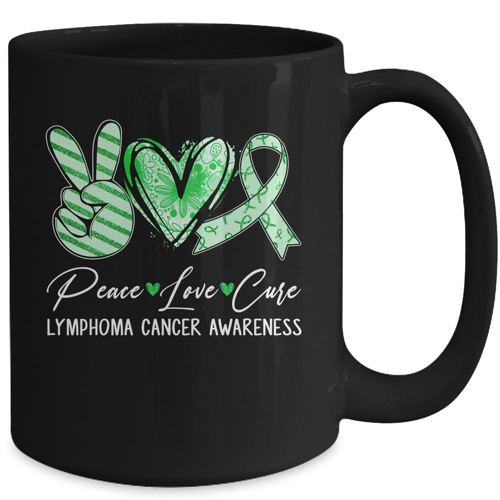 Peace Love Cure Green Ribbon Lymphoma Cancer Awareness Mug | siriusteestore