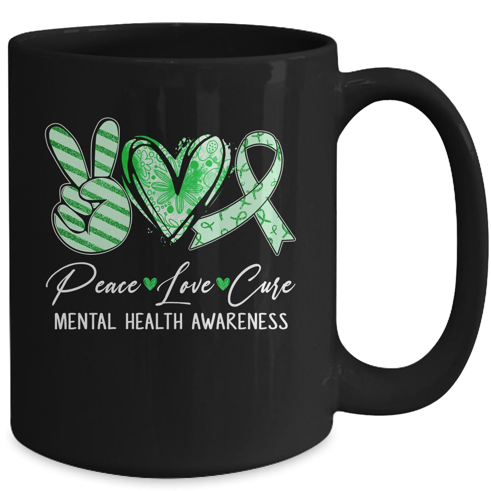 Peace Love Cure Green Ribbon Mental Health Awareness Mug | siriusteestore