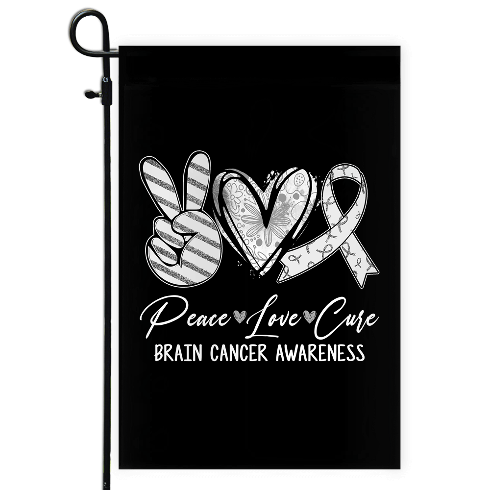 Peace Love Cure Grey Ribbon Brain Cancer Awareness Flag | siriusteestore