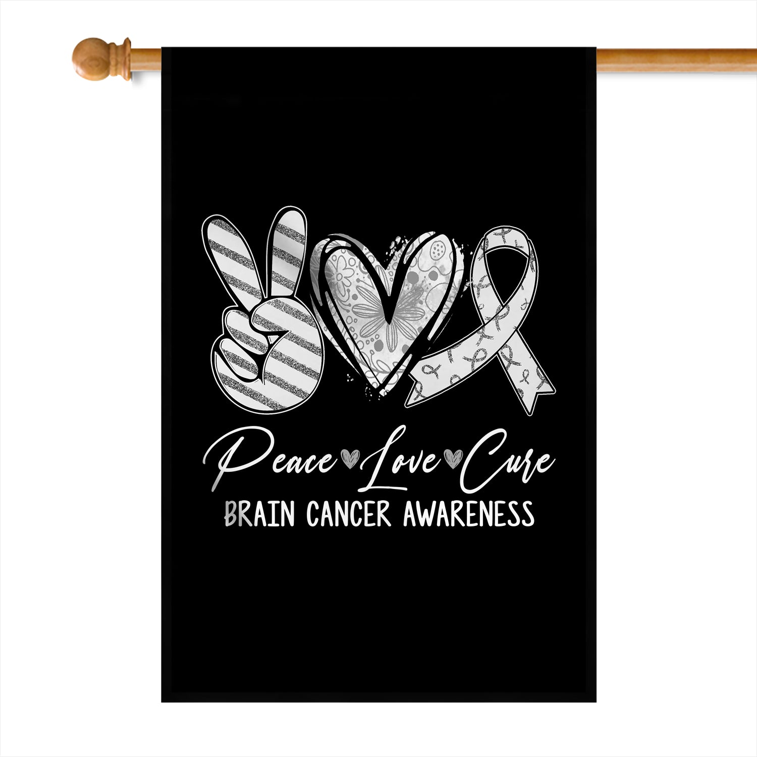 Peace Love Cure Grey Ribbon Brain Cancer Awareness Flag | siriusteestore