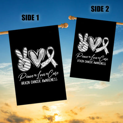 Peace Love Cure Grey Ribbon Brain Cancer Awareness Flag | siriusteestore