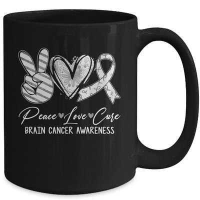 Peace Love Cure Grey Ribbon Brain Cancer Awareness Mug | siriusteestore