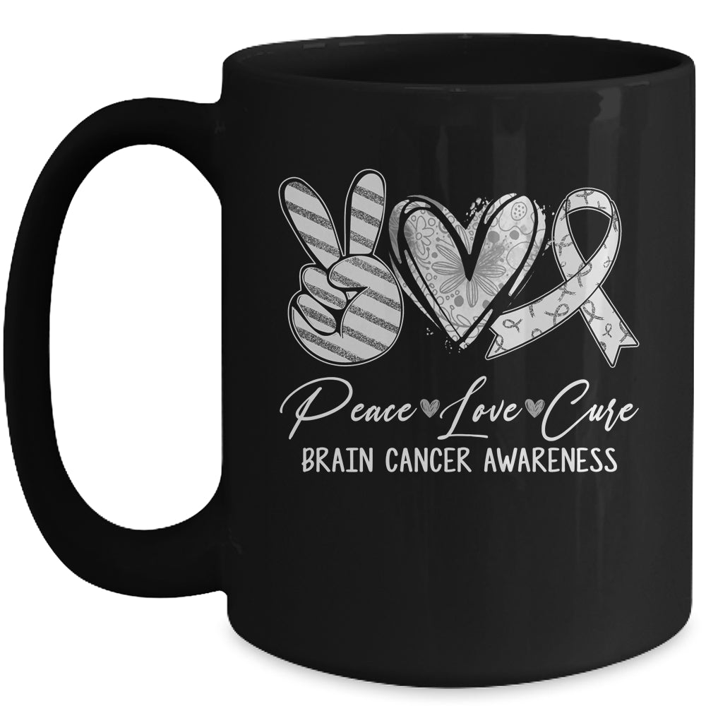 Peace Love Cure Grey Ribbon Brain Cancer Awareness Mug | siriusteestore