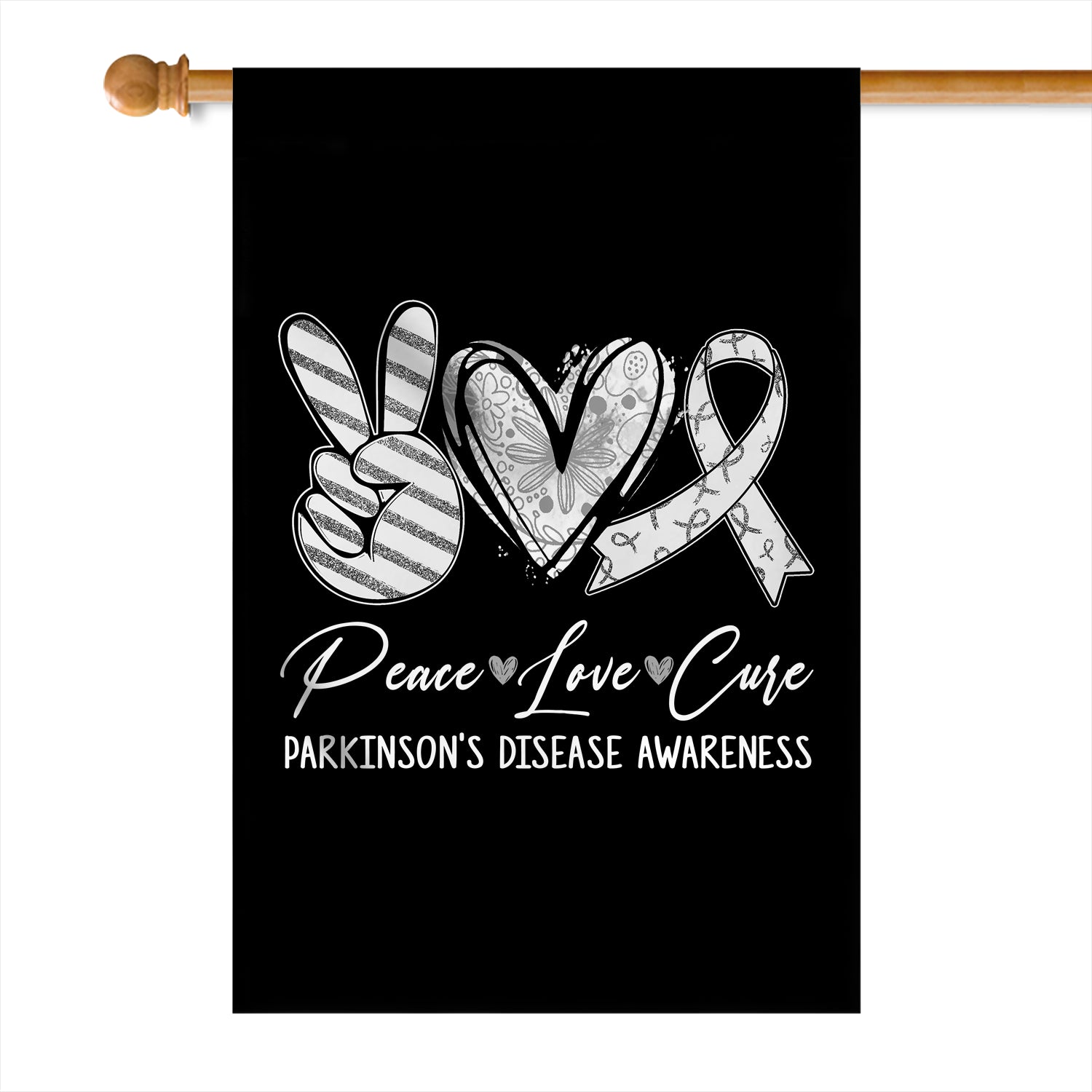 Peace Love Cure Grey Ribbon Parkinson's Disease Awareness Flag | siriusteestore