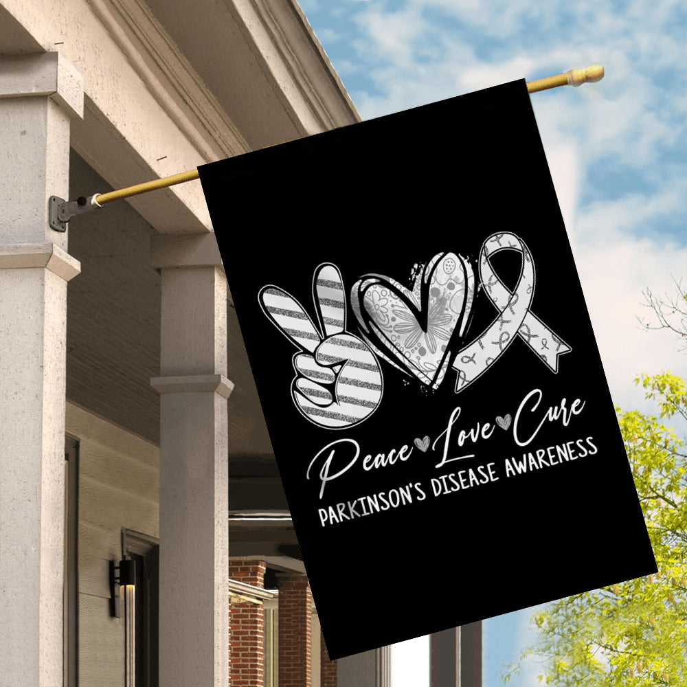 Peace Love Cure Grey Ribbon Parkinson's Disease Awareness Flag | siriusteestore