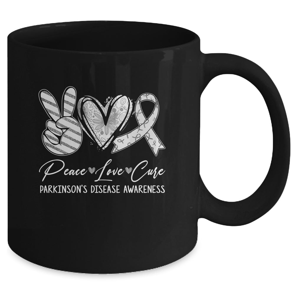Peace Love Cure Grey Ribbon Parkinson's Disease Awareness Mug | siriusteestore