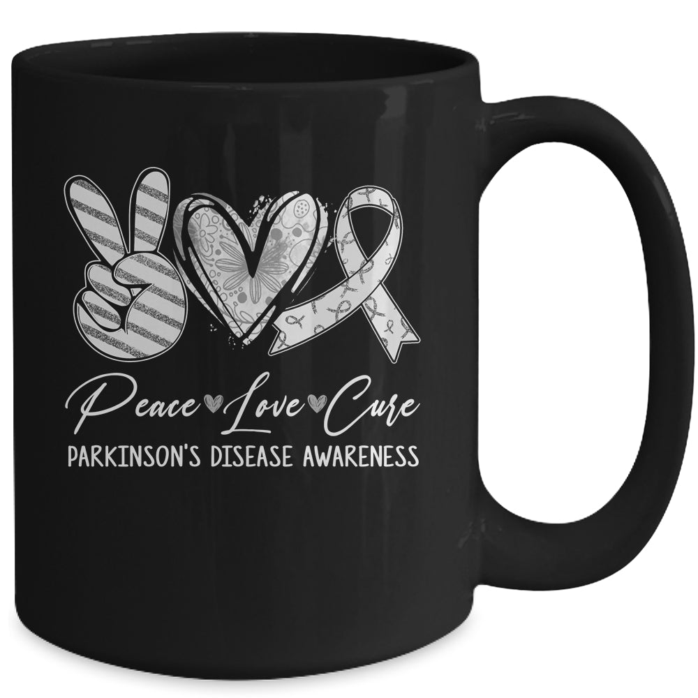 Peace Love Cure Grey Ribbon Parkinson's Disease Awareness Mug | siriusteestore
