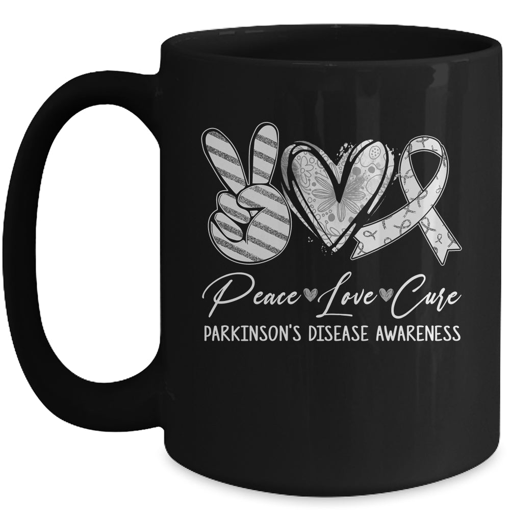 Peace Love Cure Grey Ribbon Parkinson's Disease Awareness Mug | siriusteestore