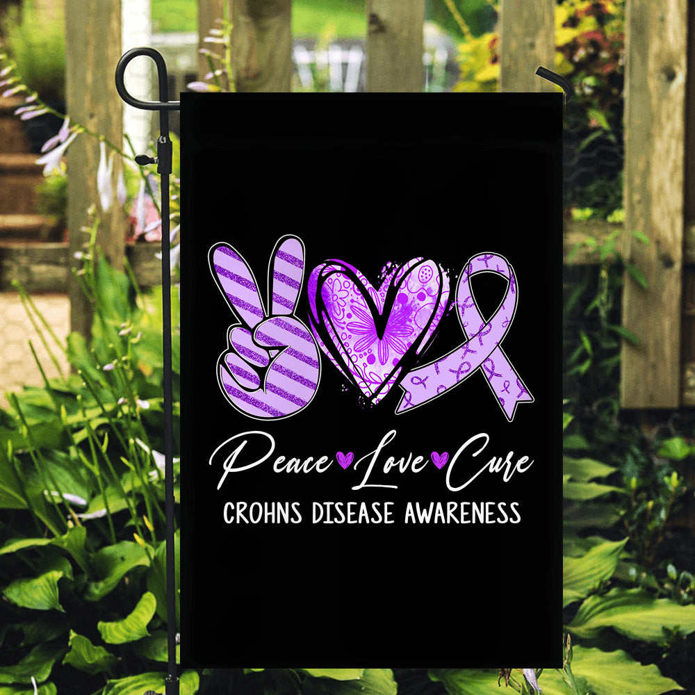 Peace Love Cure Purple Ribbon Crohns Disease Awareness Flag | siriusteestore