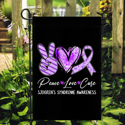 Peace Love Cure Purple Ribbon Sjogren's Syndrome Awareness Flag | siriusteestore