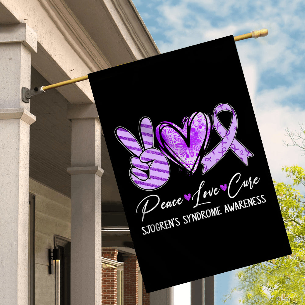 Peace Love Cure Purple Ribbon Sjogren's Syndrome Awareness Flag | siriusteestore