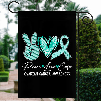 Peace Love Cure Teal Ribbon Ovarian Cancer Awareness Flag | siriusteestore