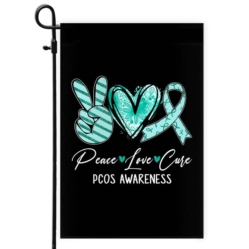 Peace Love Cure Teal Ribbon PCOS Awareness Flag | siriusteestore