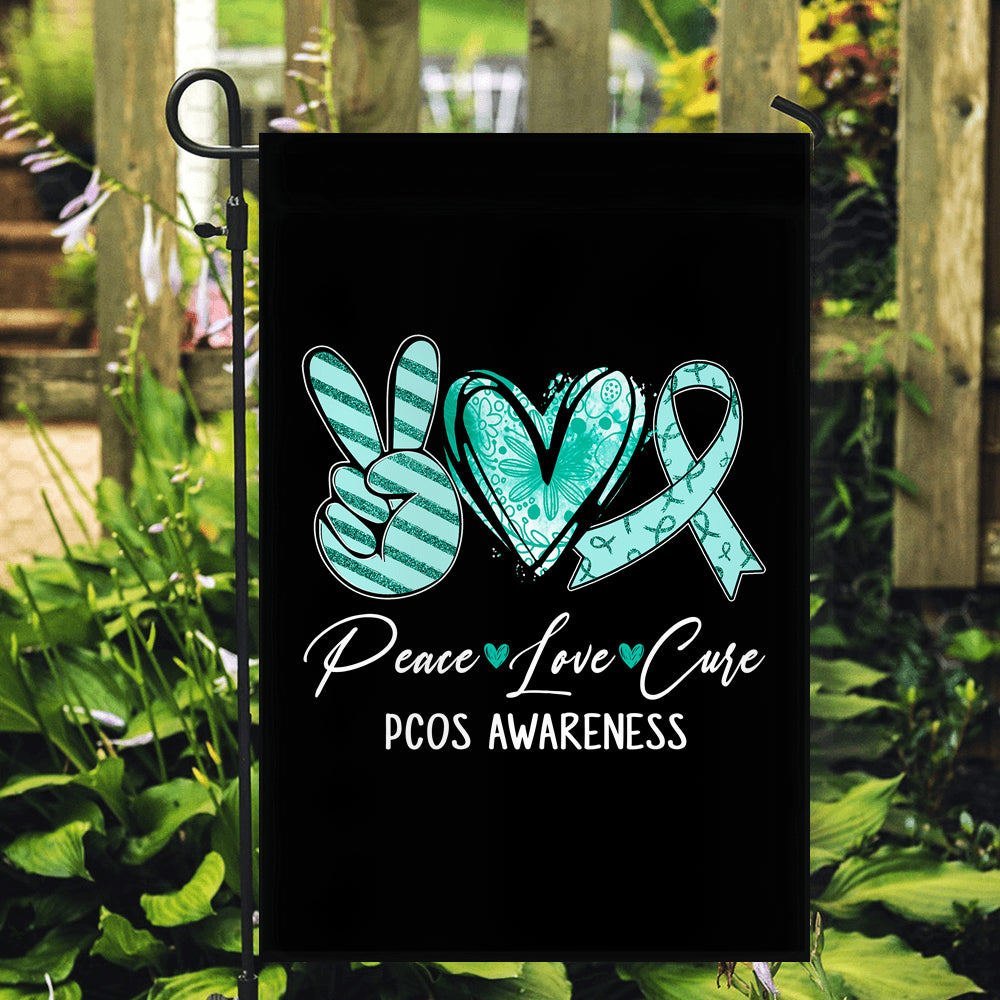 Peace Love Cure Teal Ribbon PCOS Awareness Flag | siriusteestore