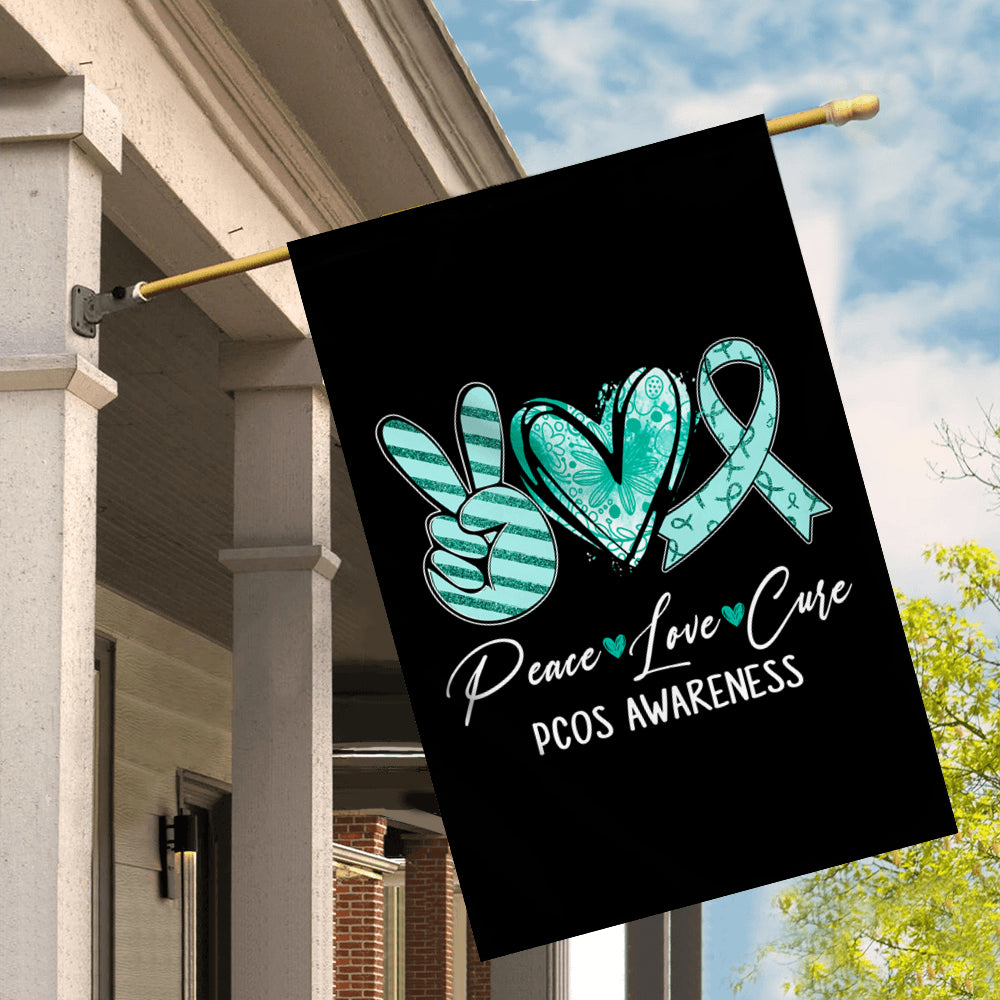 Peace Love Cure Teal Ribbon PCOS Awareness Flag | siriusteestore