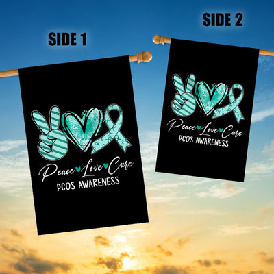 Peace Love Cure Teal Ribbon PCOS Awareness Flag | siriusteestore