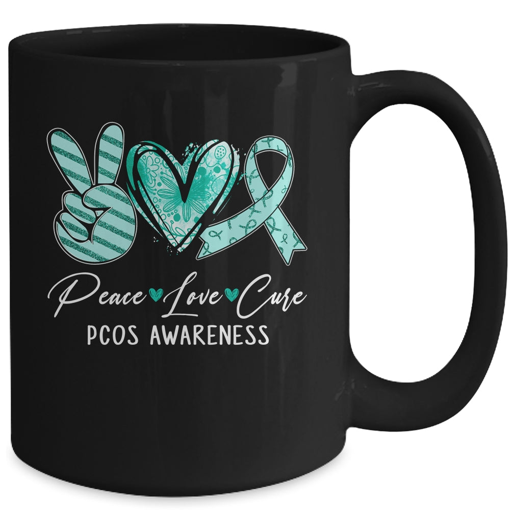 Peace Love Cure Teal Ribbon PCOS Awareness Mug | siriusteestore