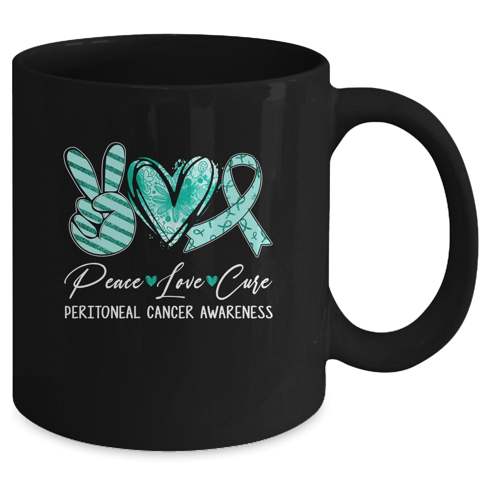 Peace Love Cure Teal Ribbon Peritoneal Cancer Awareness Mug | siriusteestore