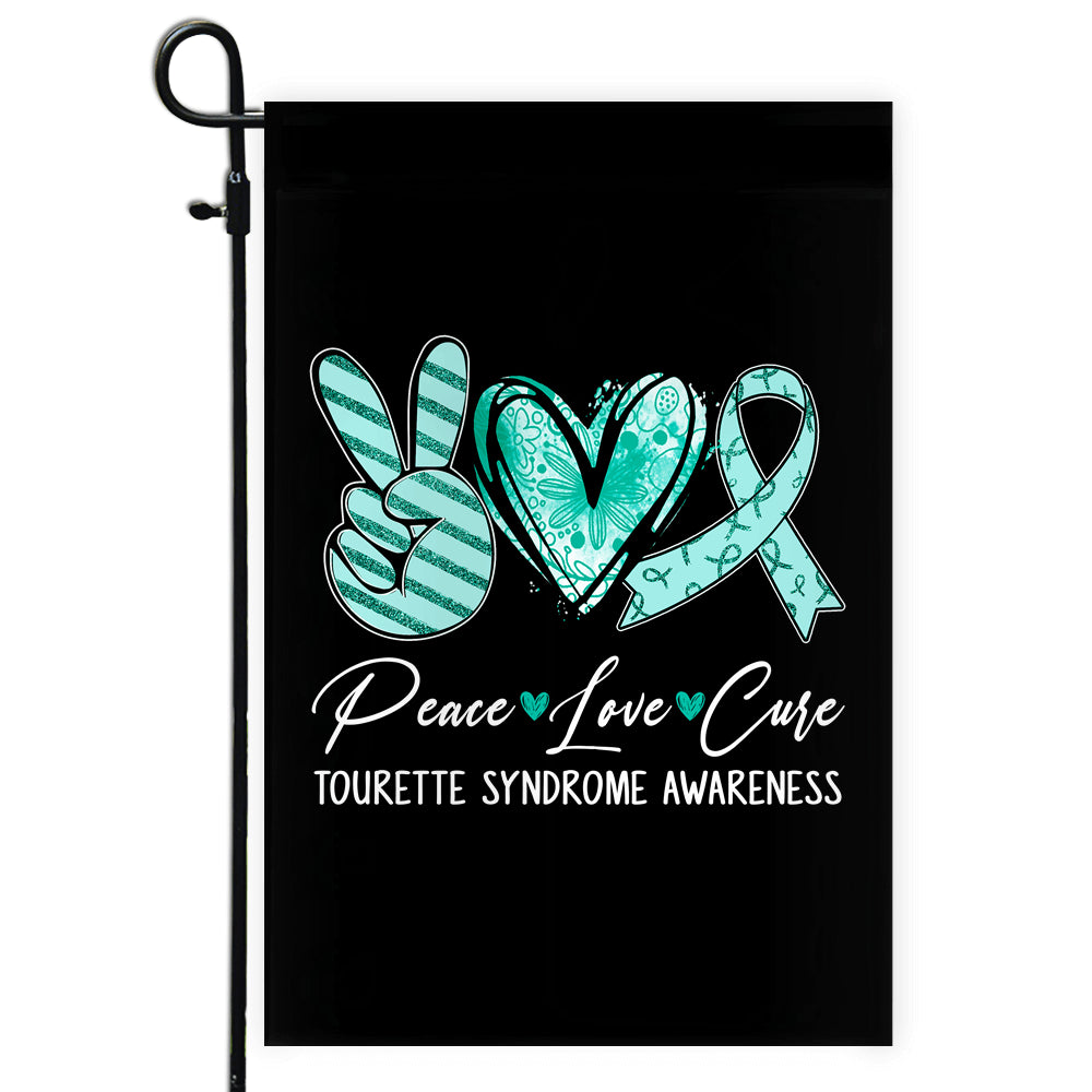 Peace Love Cure Teal Ribbon Tourette Syndrome Awareness Flag | siriusteestore