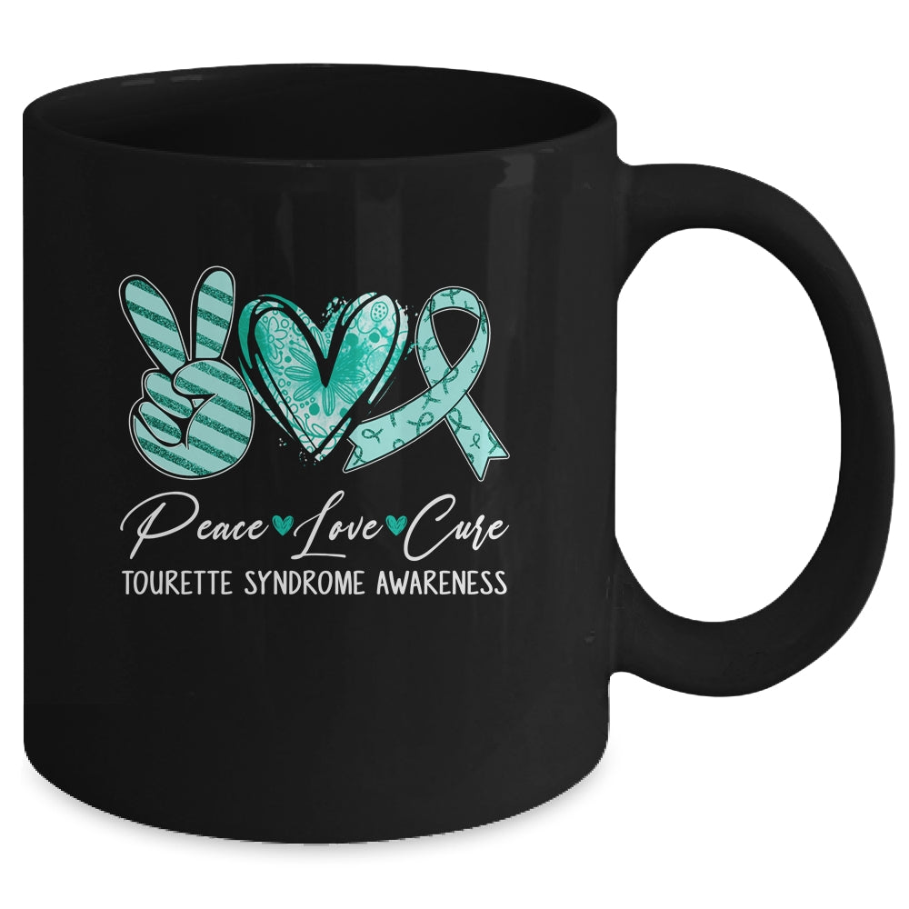 Peace Love Cure Teal Ribbon Tourette Syndrome Awareness Mug | siriusteestore