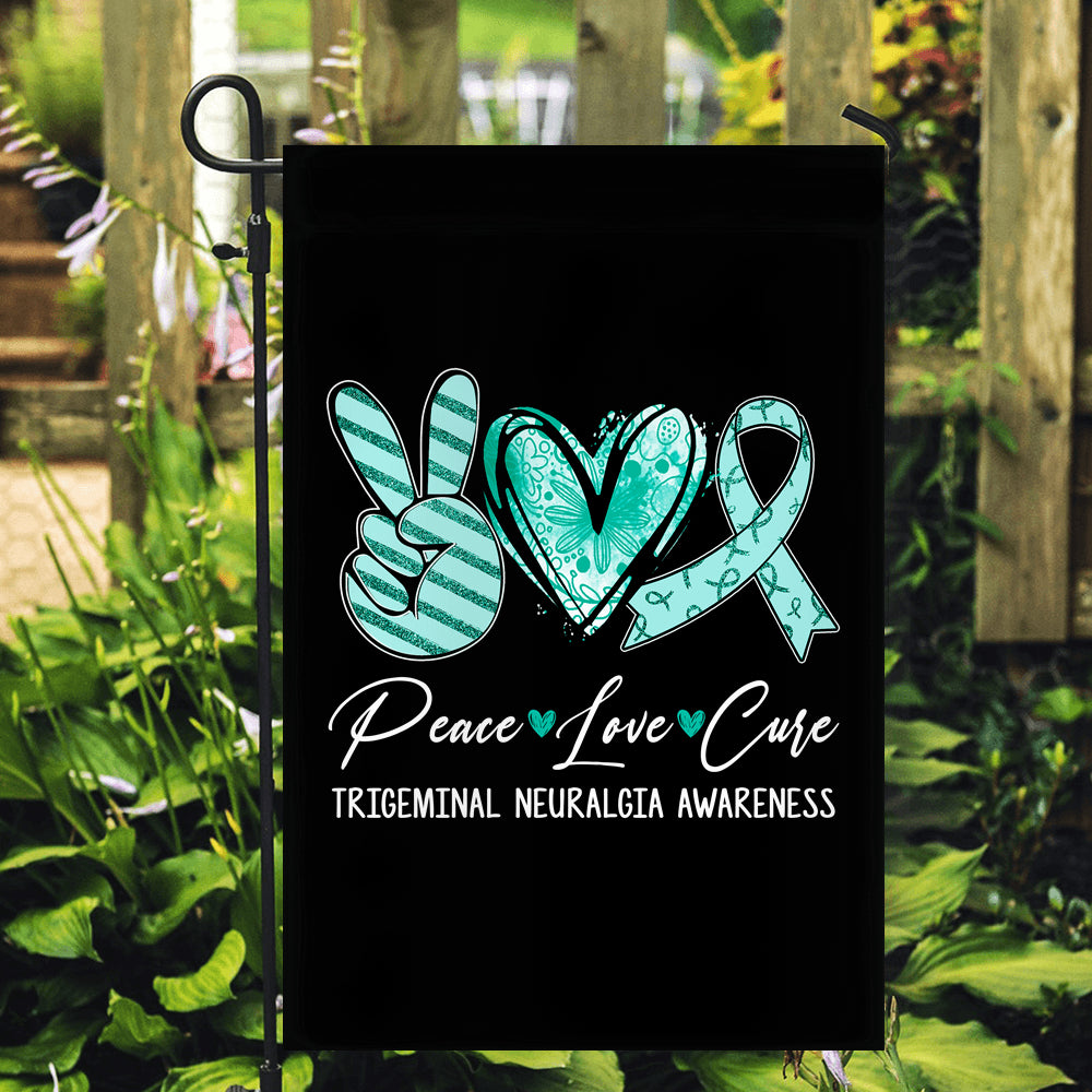 Peace Love Cure Teal Ribbon Trigeminal Neuralgia Awareness Flag | siriusteestore