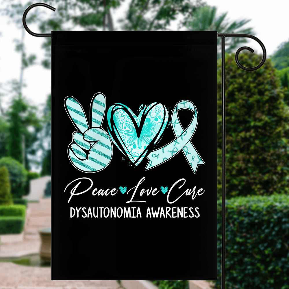 Peace Love Cure Turquoise Ribbon Dysautonomia Awareness Flag | siriusteestore