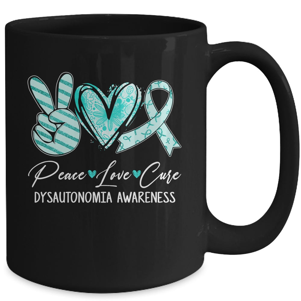 Peace Love Cure Turquoise Ribbon Dysautonomia Awareness Mug | siriusteestore