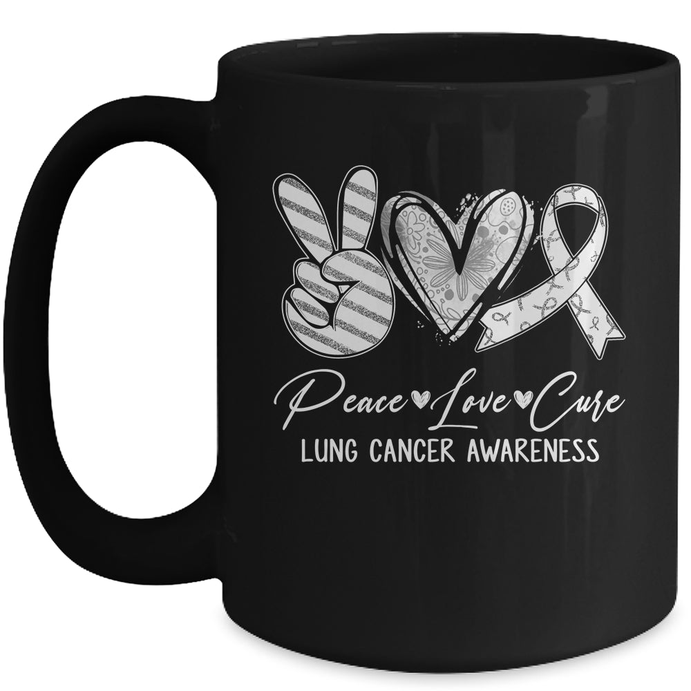 Peace Love Cure White Ribbon Lung Cancer Awareness Mug | siriusteestore