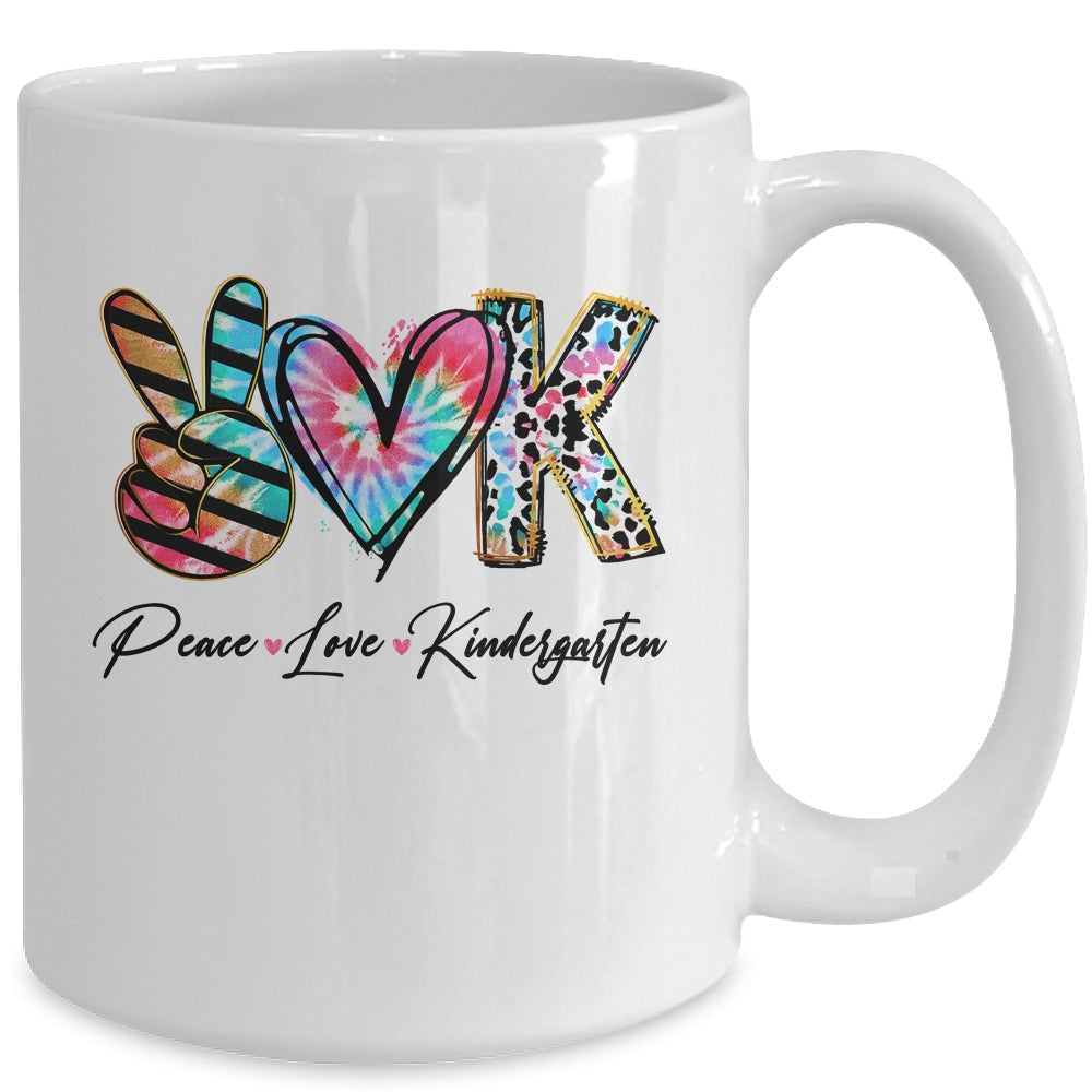Peace Love Kindergarten Teacher Team Women Tie Dye Mug | siriusteestore
