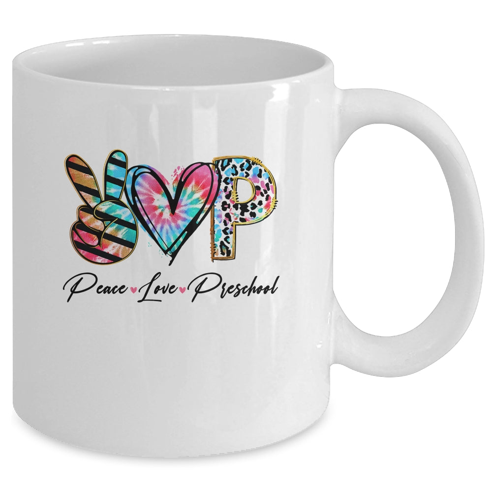 Peace Love Preschool Teacher Team Women Tie Dye Mug | siriusteestore