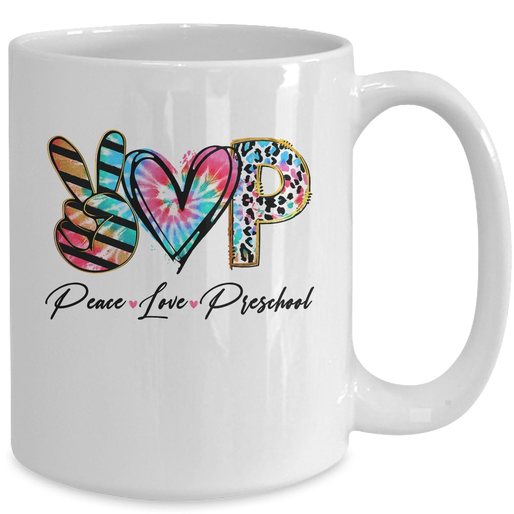 Peace Love Preschool Teacher Team Women Tie Dye Mug | siriusteestore