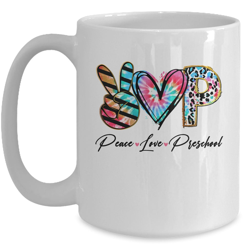 Peace Love Preschool Teacher Team Women Tie Dye Mug | siriusteestore