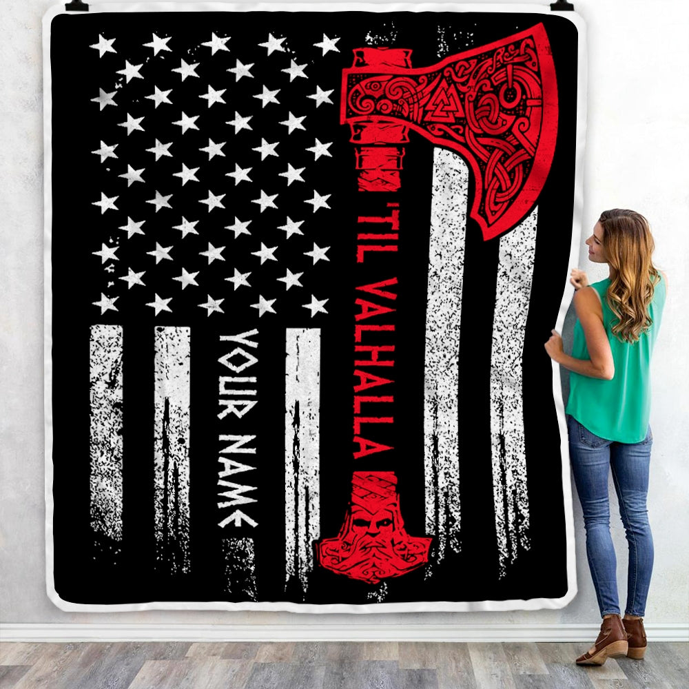 Personalized AMERICAN Viking VICTORY Til Valhalla Odin God Celtic Scandinavian Norse Mythology Runes Men Women Dad Mom Birthday Christmas Bed Fleece Blanket | siriusteestore