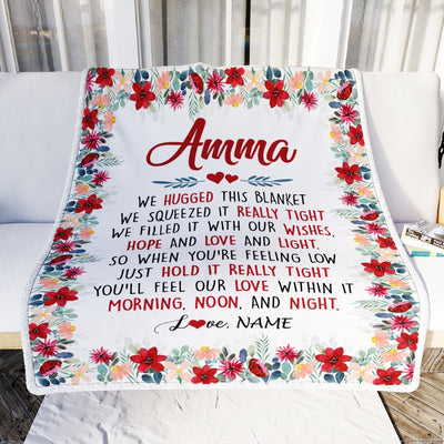 Personalized Amma Blanket From Grandkids Grandson Granddaughter We Hugged This Blanket Amma Birthday Mothers Day Christmas Customized Fleece Throw Blanket | siriusteestore